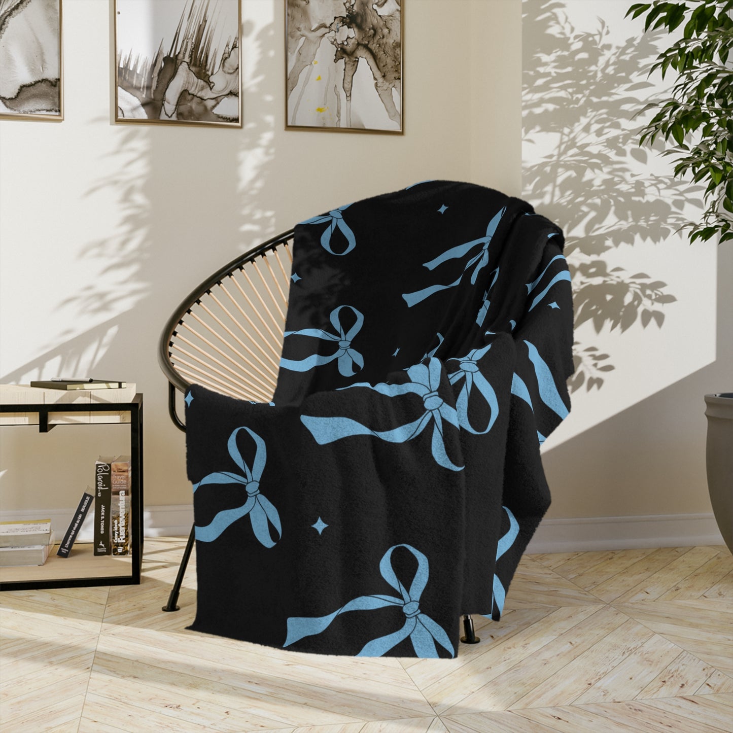 Black with Blue Bows Microfiber Blanket