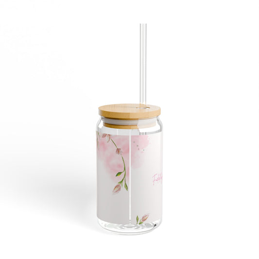 Pink Floral Glass Cup with Lid and Straw