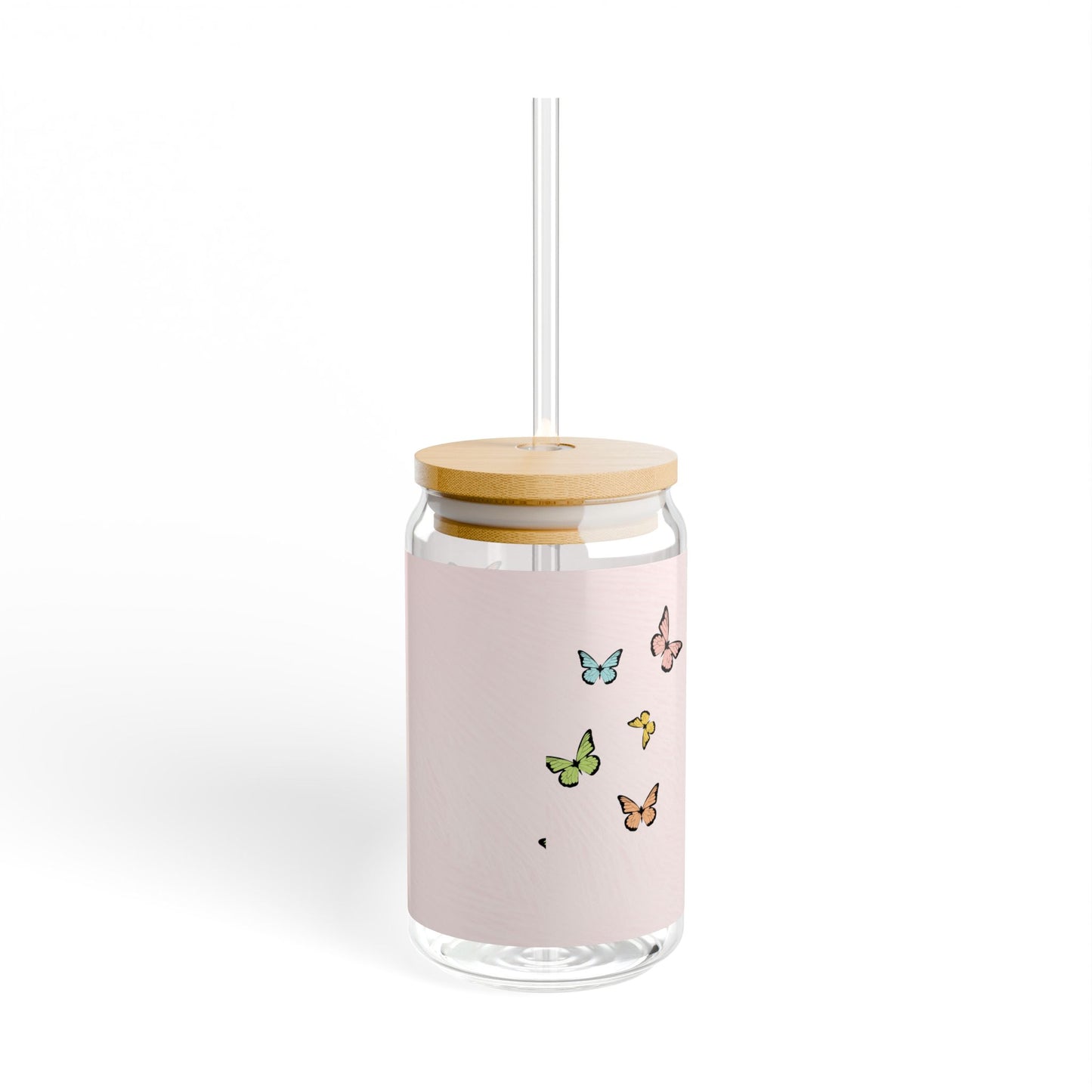 Bear and Butterflies Pink Glass Cup with Lid and Straw
