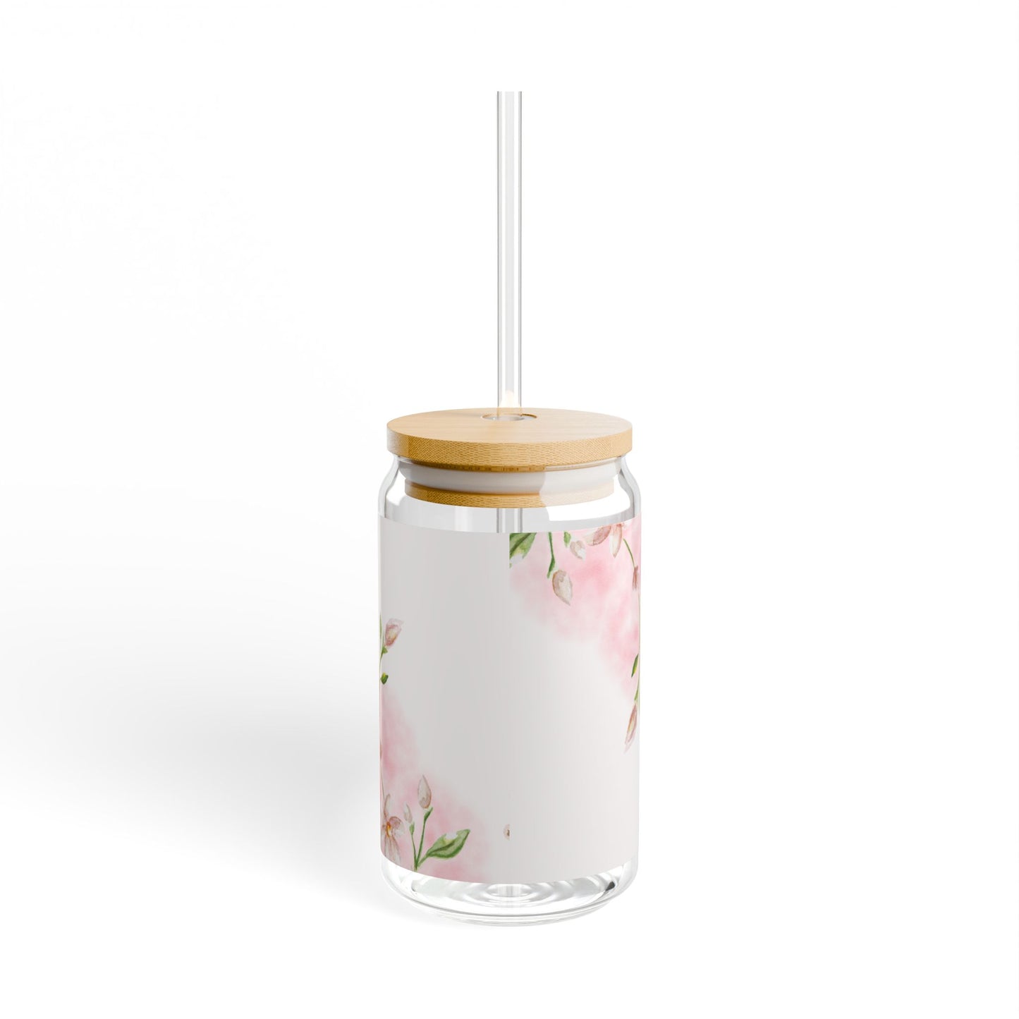 Pink Floral Glass Cup with Lid and Straw
