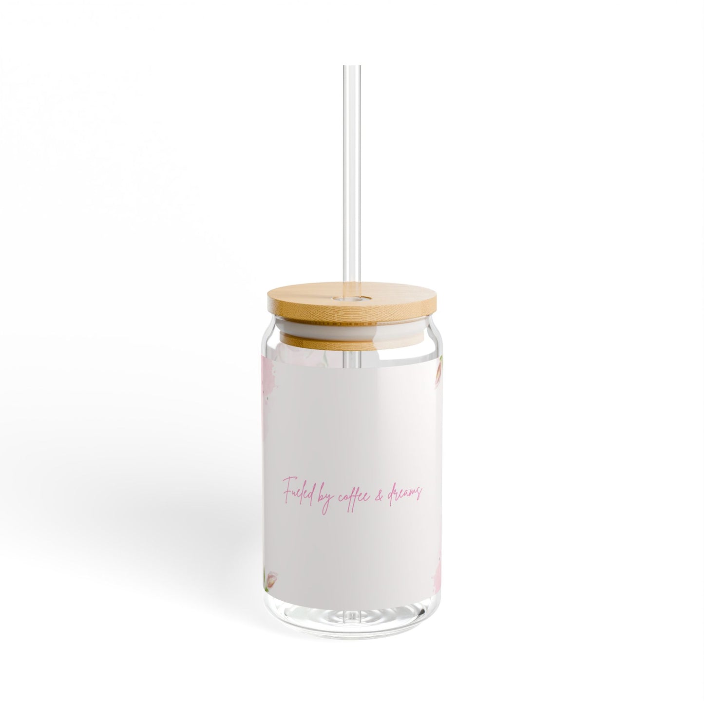 Pink Floral Glass Cup with Lid and Straw