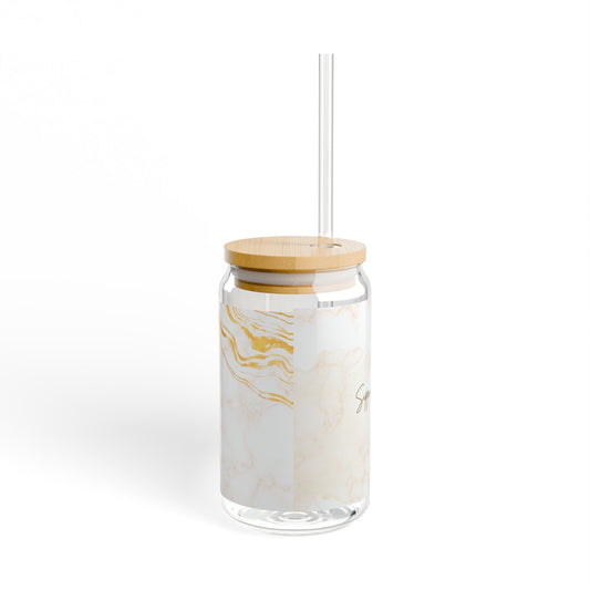 "Sippin' Prettyyy" Gold Glass Cup with Lid and Straw