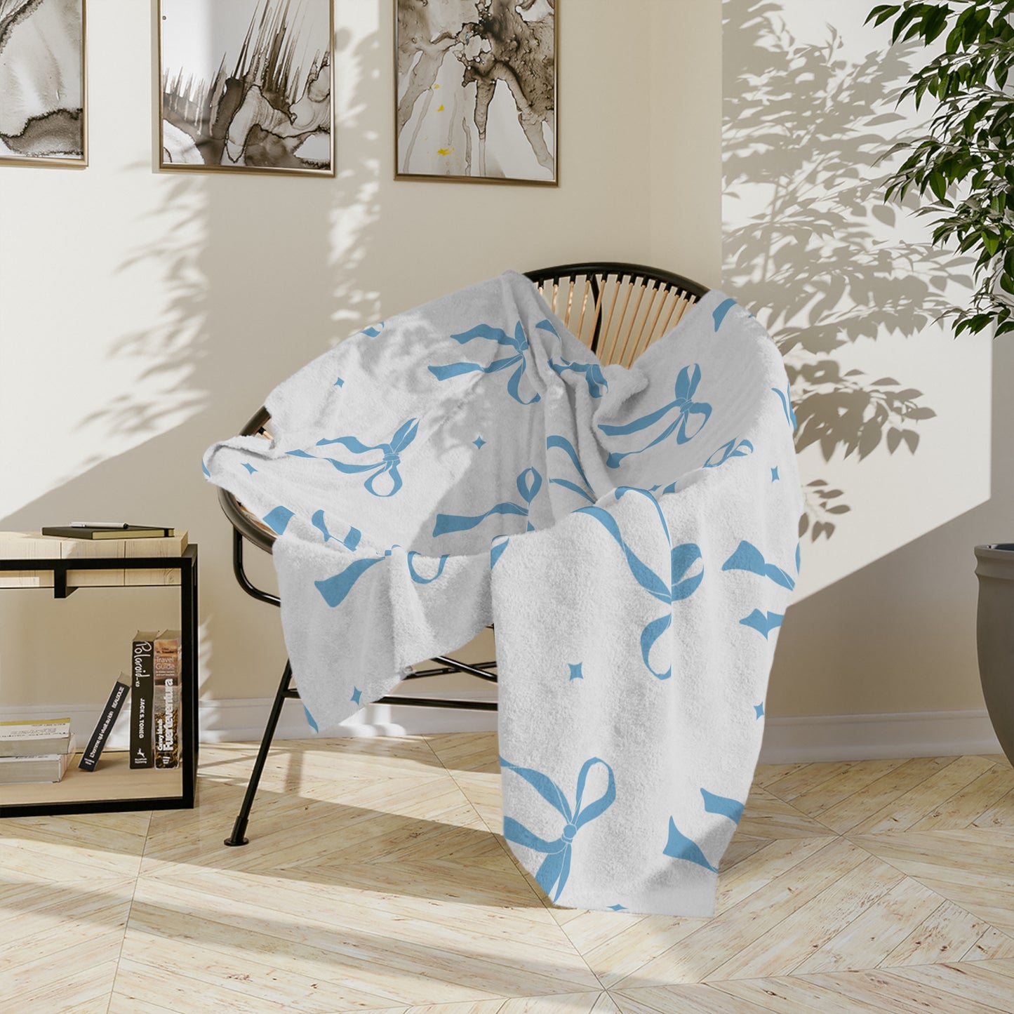 White with Blue Bows Microfiber Blanket