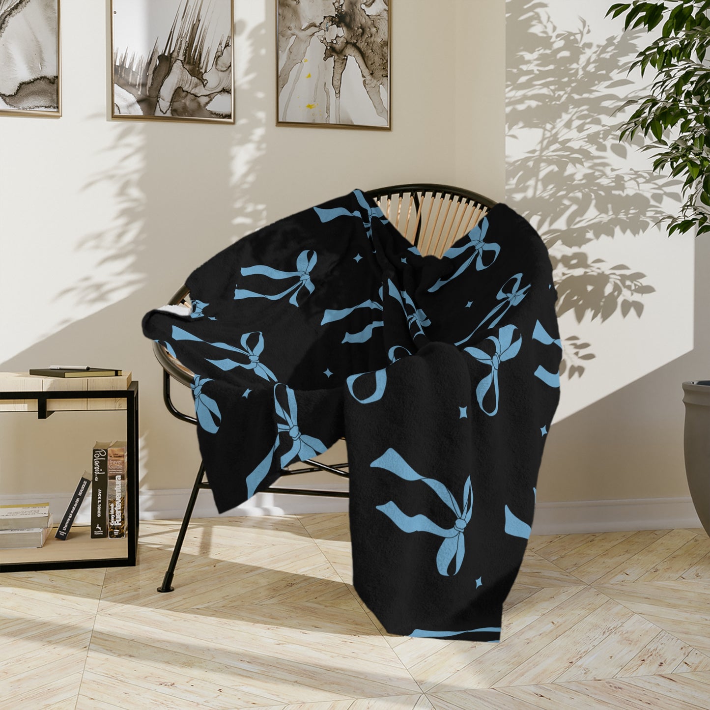 Black with Blue Bows Microfiber Blanket