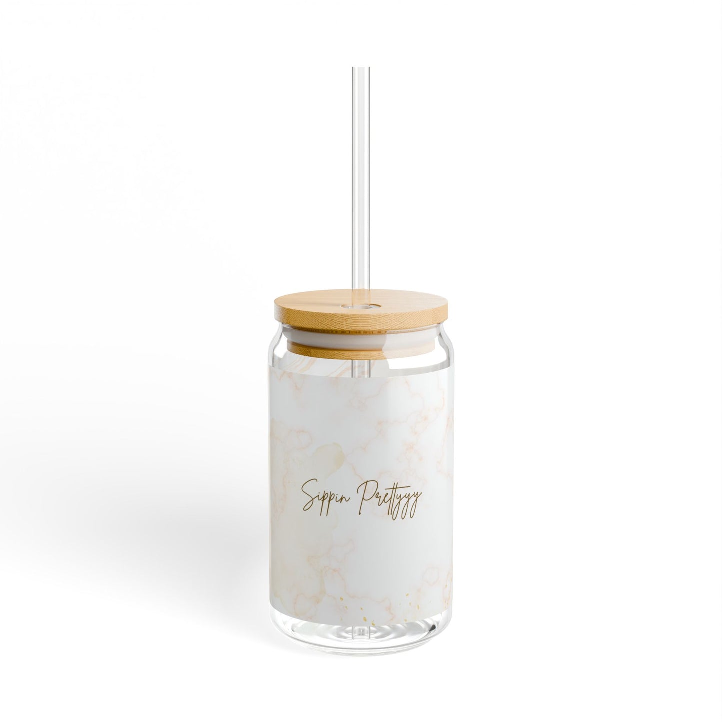 "Sippin' Prettyyy" Gold Glass Cup with Lid and Straw