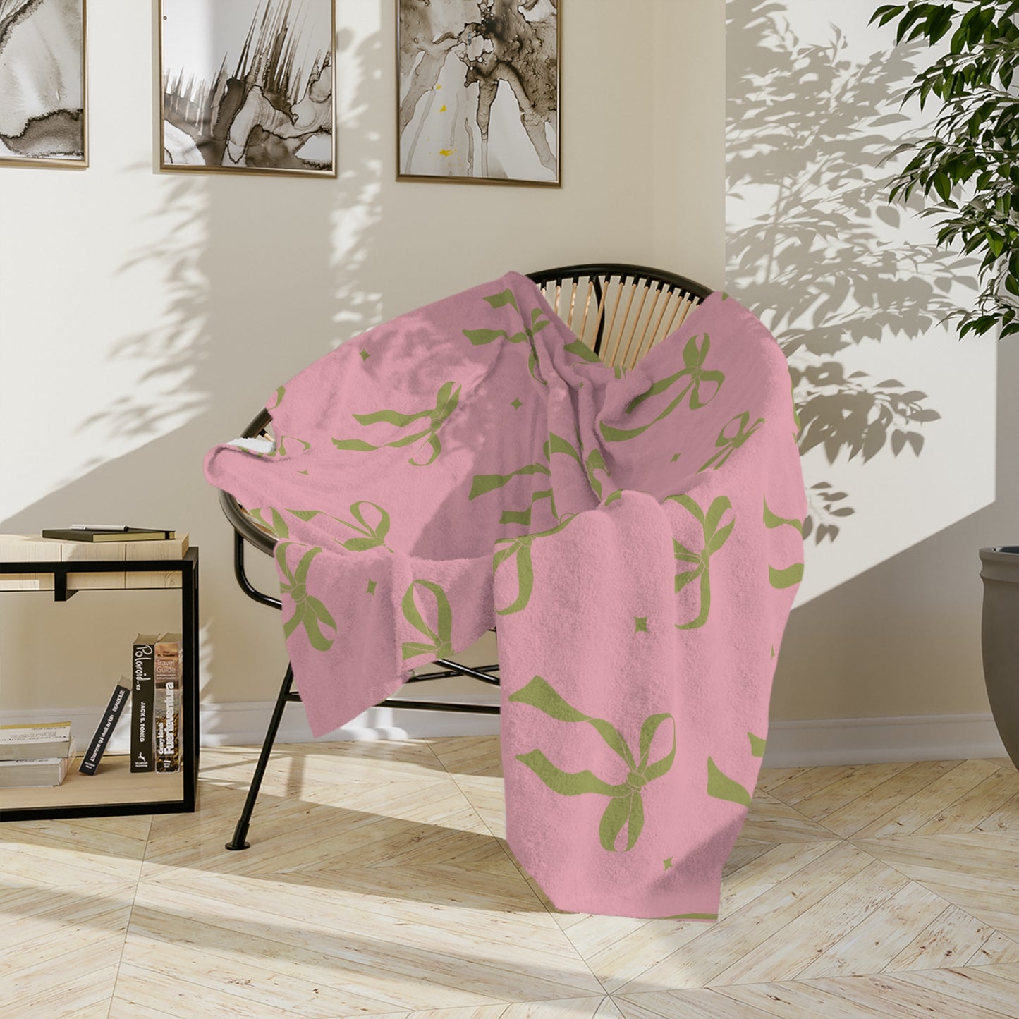 Pink with Green Bows Microfiber Blanket