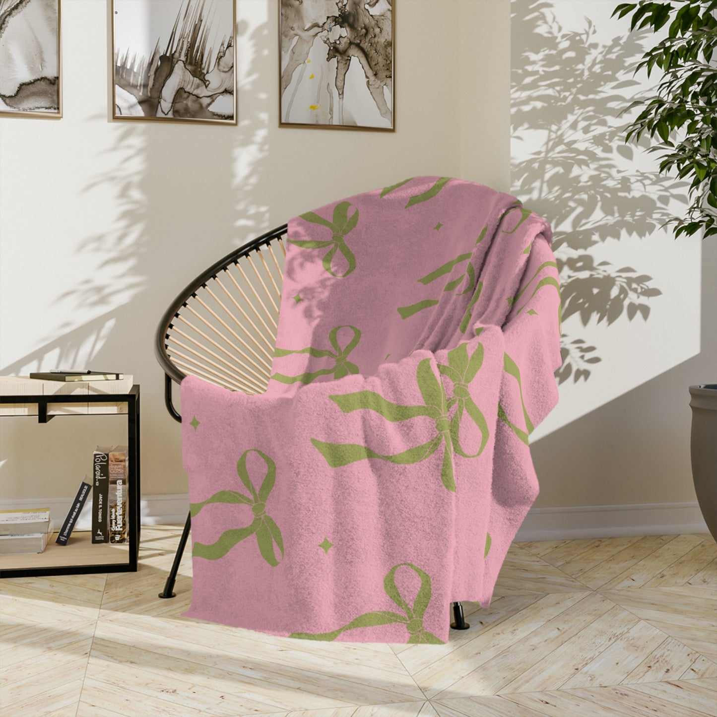 Pink with Green Bows Microfiber Blanket