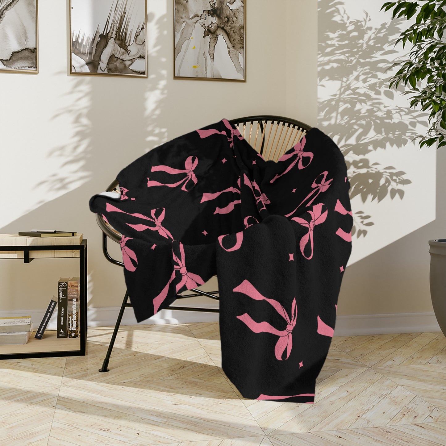 Black with Pink Bows Microfiber Blanket