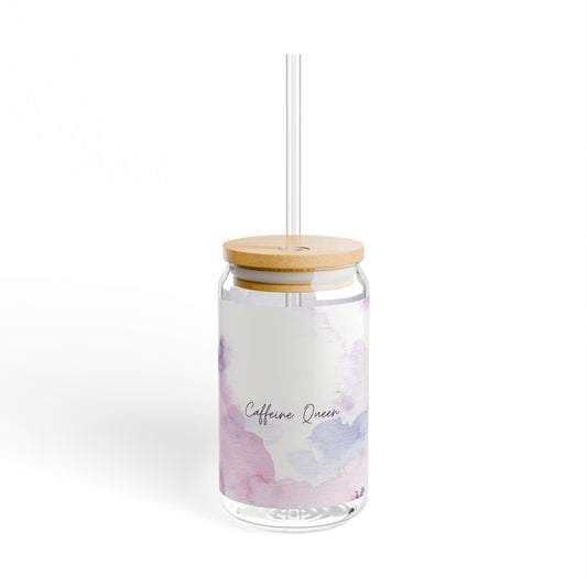 "Coffee Queen" Glass Cup with Lid and Straw