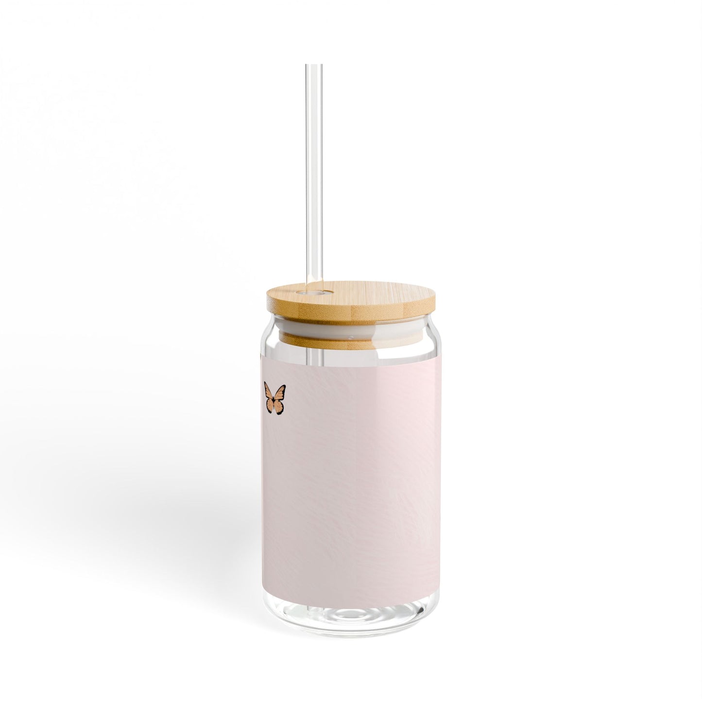 Bear and Butterflies Pink Glass Cup with Lid and Straw