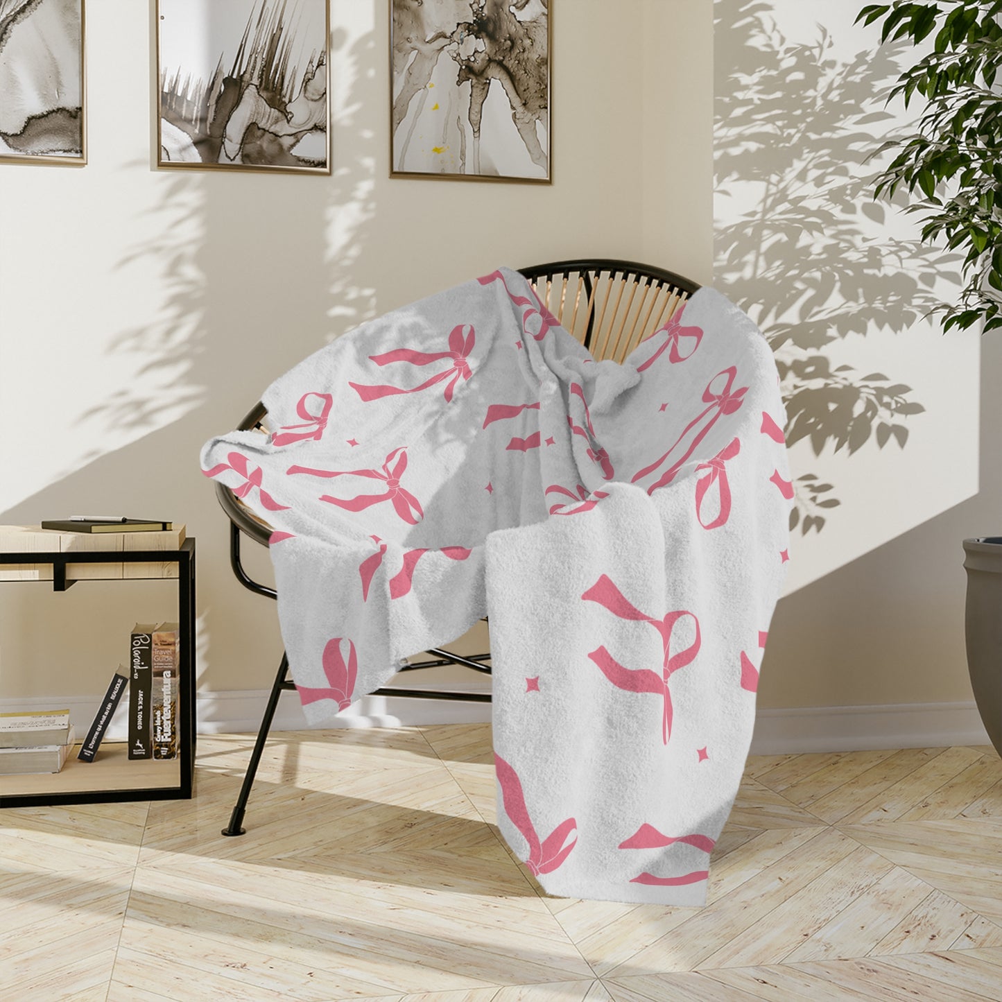 White with Pink Bows Microfiber Blanket