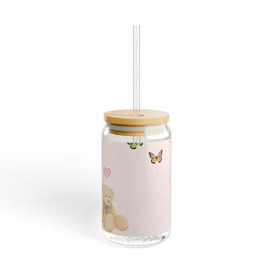 Bear and Butterflies Pink Glass Cup with Lid and Straw