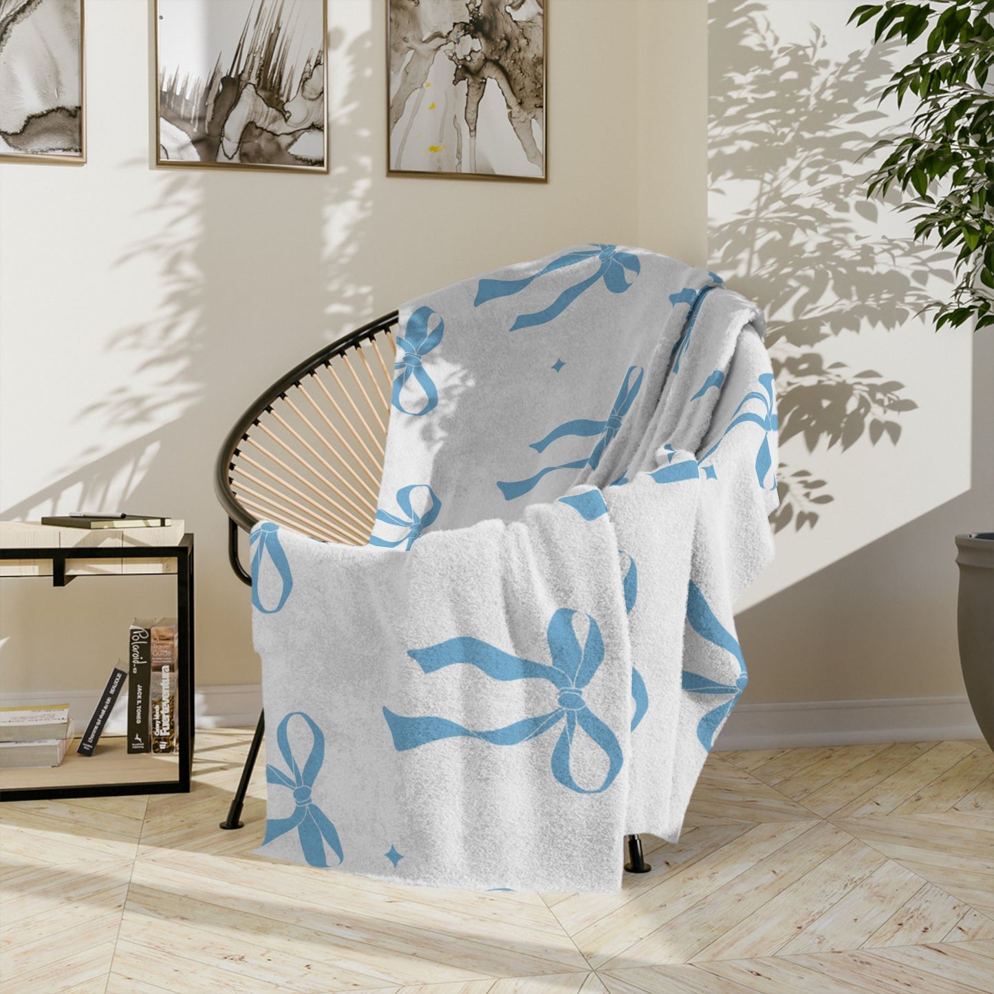White with Blue Bows Microfiber Blanket