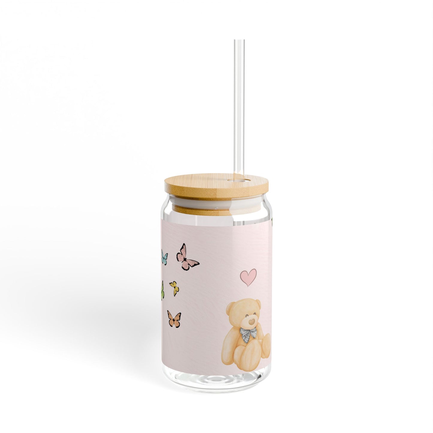 Bear and Butterflies Pink Glass Cup with Lid and Straw