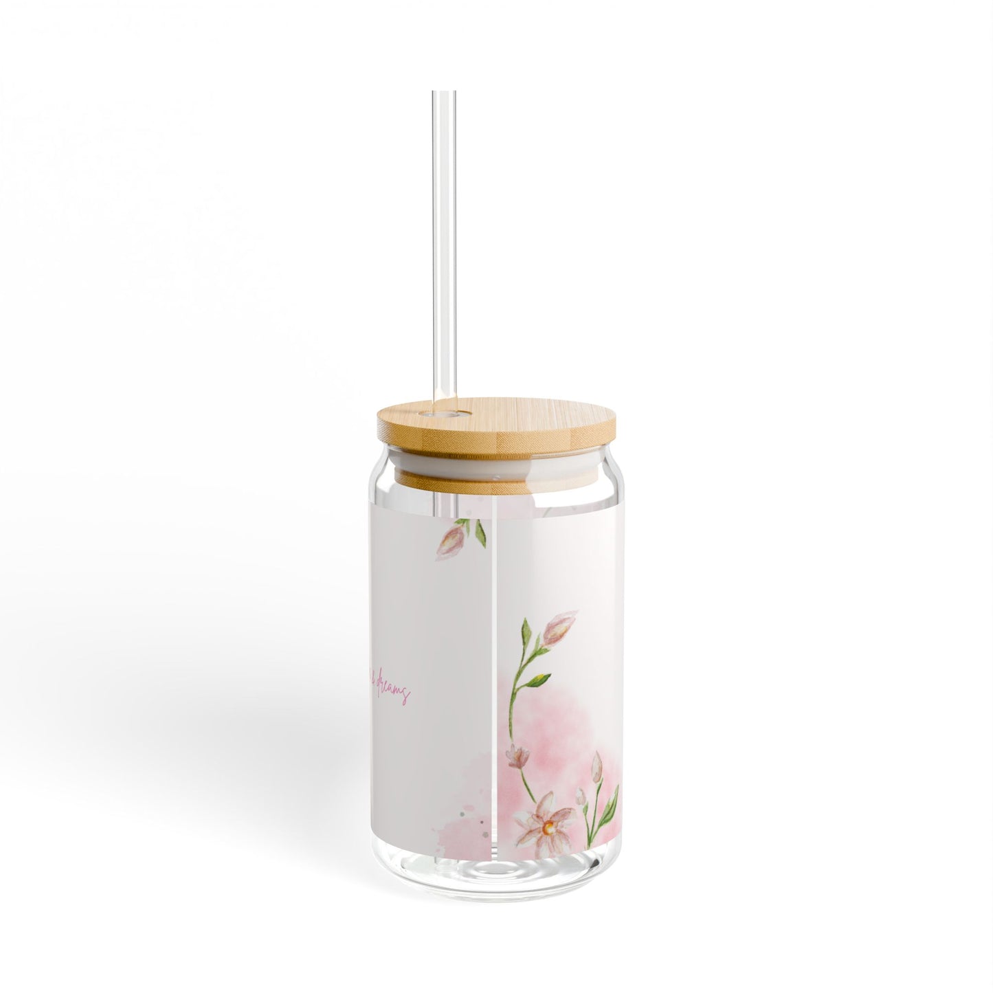 Pink Floral Glass Cup with Lid and Straw